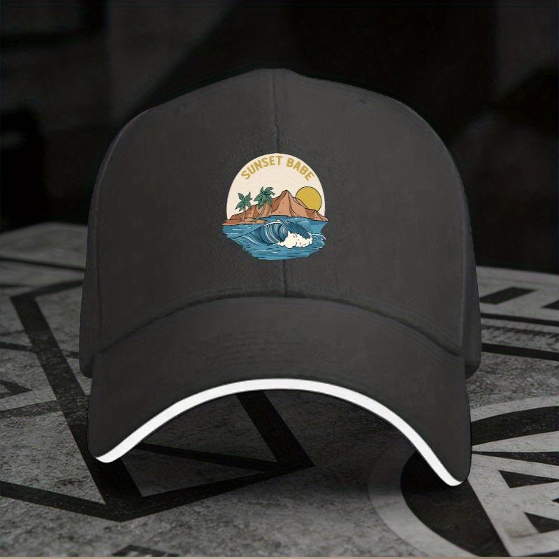 New 1pc, "Sunset Babe" Adjustable Sandwich Baseball Cap, Lightweight Printed Craft Women's Hat, "Beach Vacation" Men's Trendy Ca