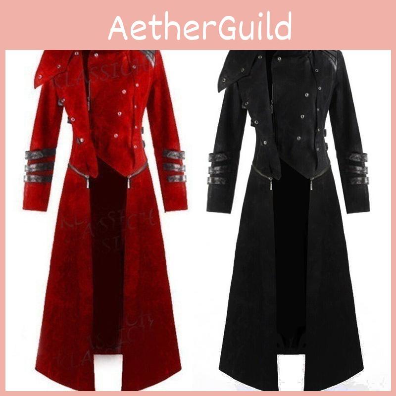 Элегантное мужское длинное готическое стимпанк-тренч-пальто с капюшоном и дизайном в стиле корсета