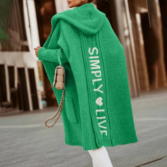 Женский осенне-зимний свитер с капюшоном, кардиган с буквенным принтом и открытым передом, с длинными рукавами, вязаное пальто, уличная одежда