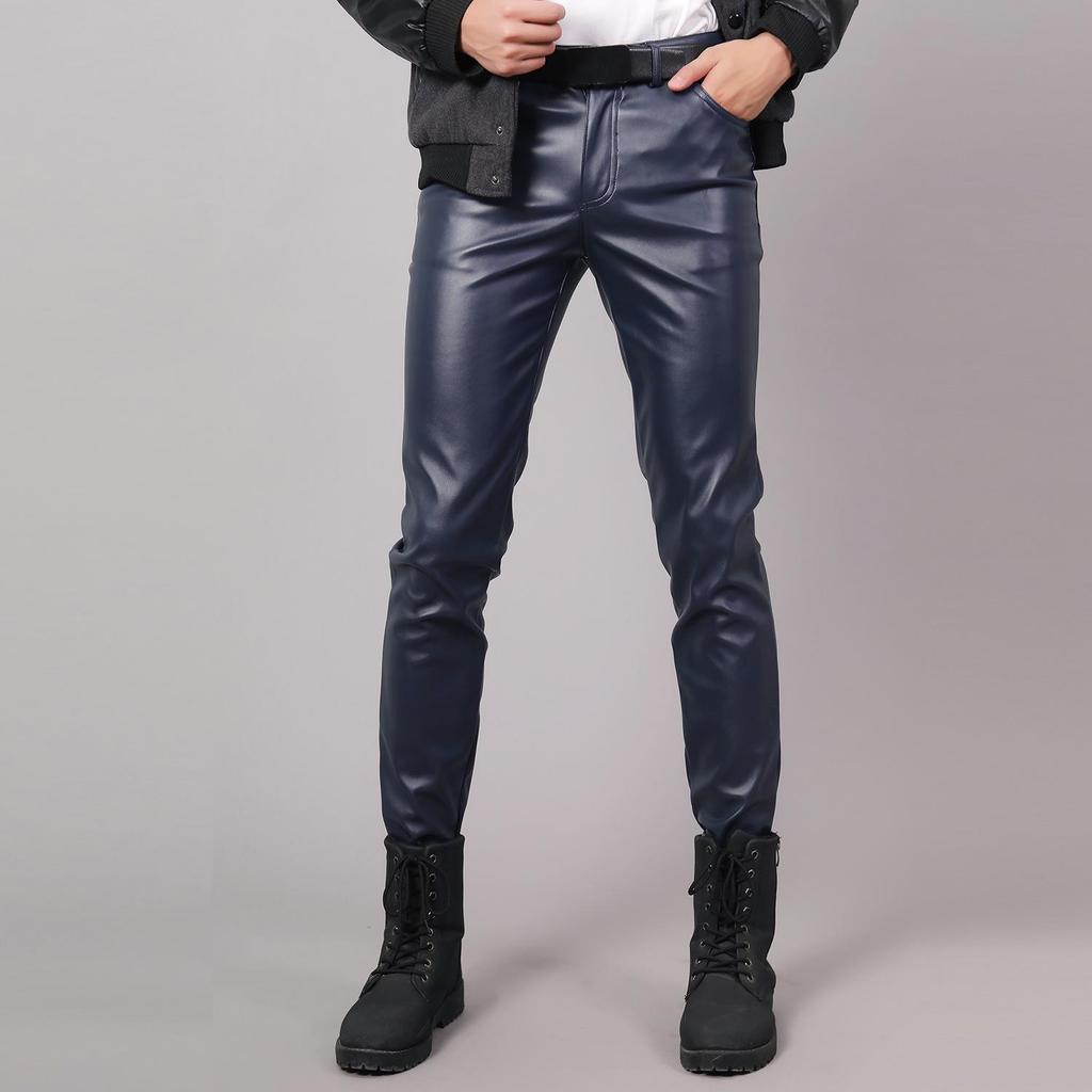 Men's Korean Style Slim Fit Motorcycle Leather Pants - Fleece-Lined, Skinny, Elastic, Spring/Autumn Trend
