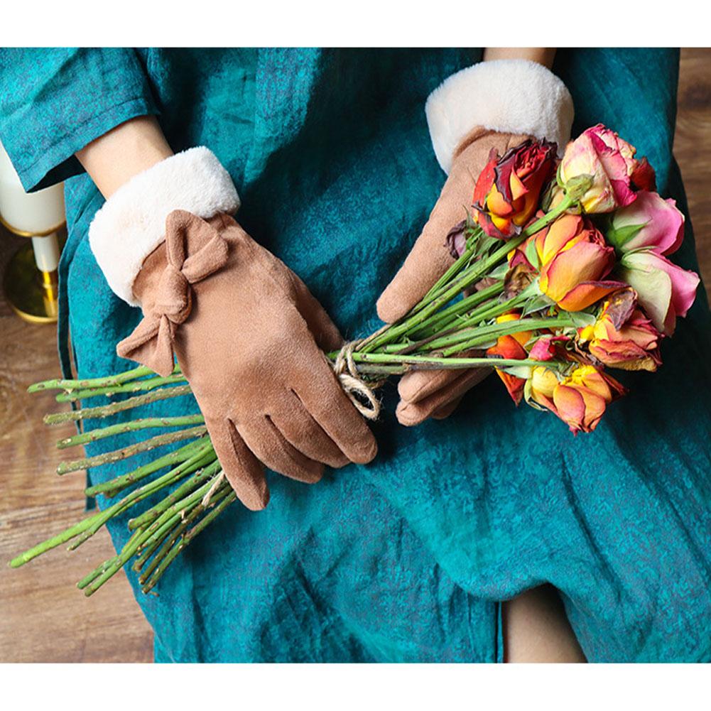 Woman Winter Gloves Windproof Gloves Hand Wear Lovely Bowknot Thick Warm Wind proof Suede Fabric Telefingers Gloves