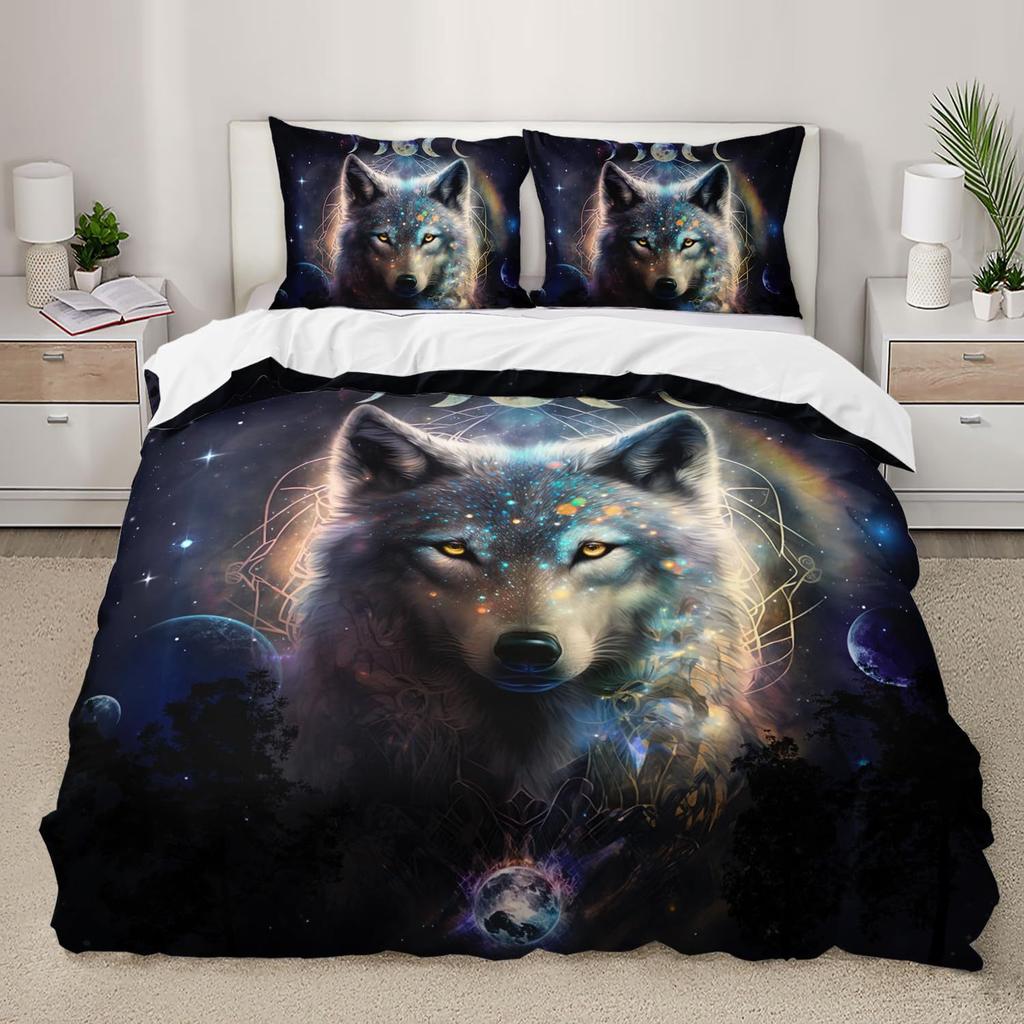 Purple Starry Night Galaxy Wolf Three-piece Quilt Cover 3D Digital Printing Bedding Set Bed Cover