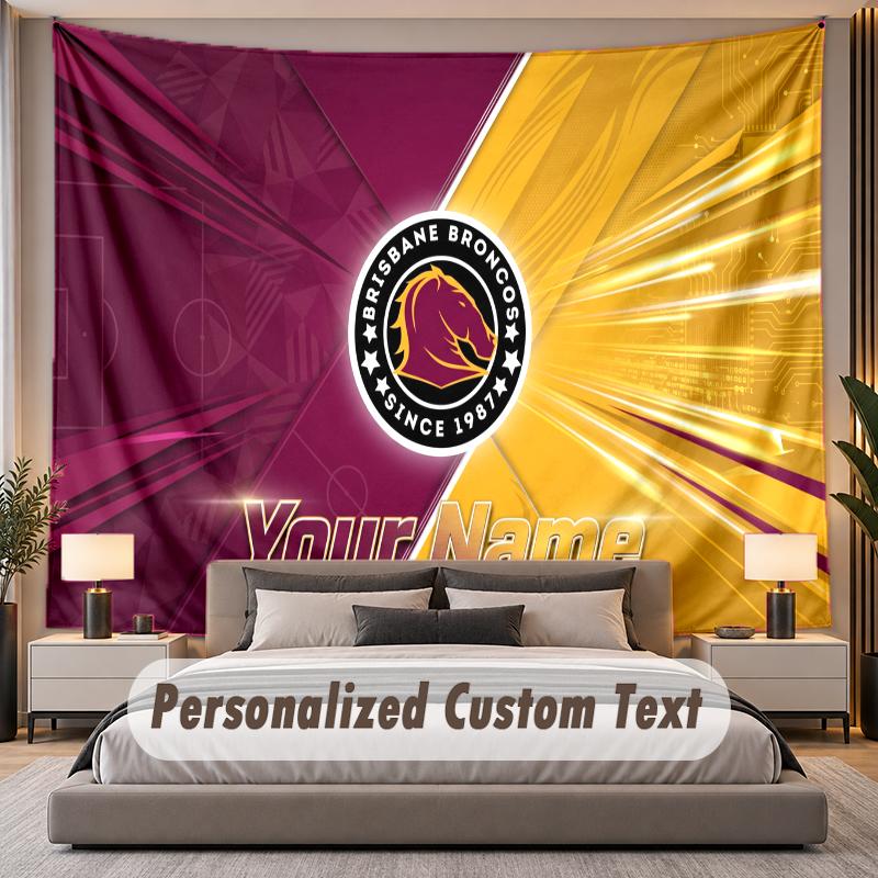 Custom Name Text Tapestry Brisbane Broncos Personalized Polyester Wall Tapestry For Bedroom And Room