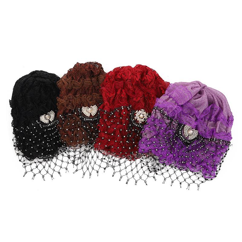 Кружевной тюрбан с бриллиантами и цветком для мусульманских женщин