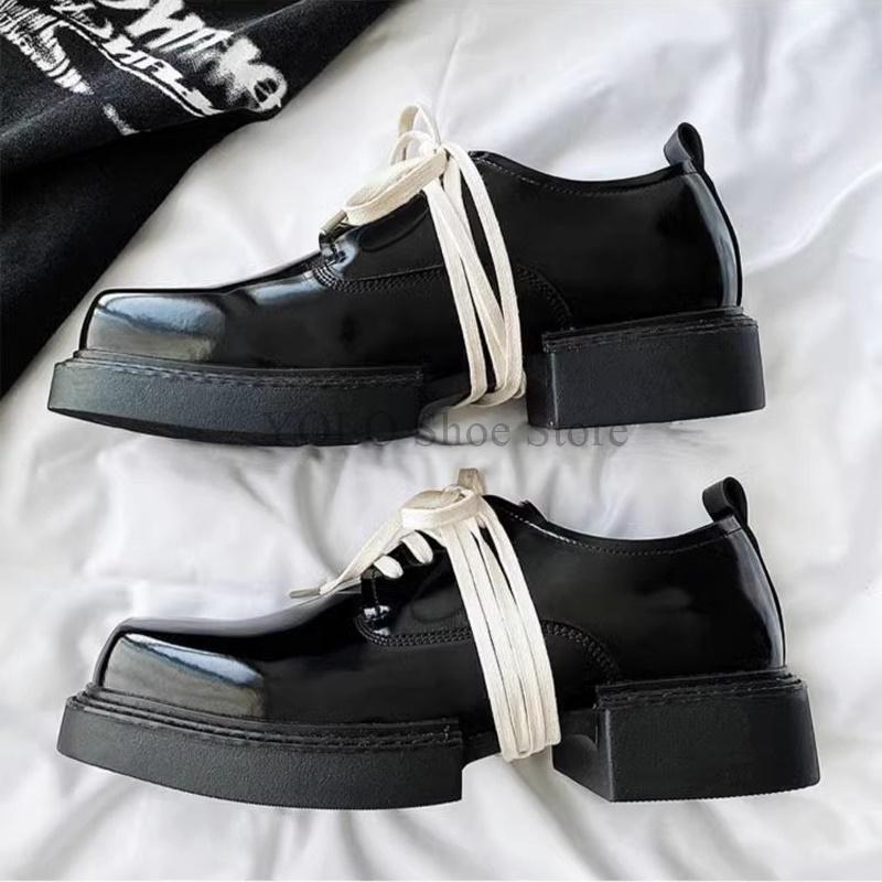 Мужские туфли дерби на шнуровке в стиле ретро-преппи, контрастный цвет, нишевый дизайн, лакированная кожа, квадратная головка, толстая подошва, простые, новые