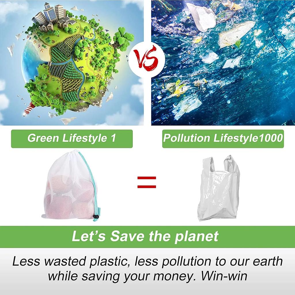 5pcs/set Reusable Produce Mesh Bags Eco Friendly Fruit Vegetable Bags for Kitchen Storage Net Merchandise Bags with Drawstring