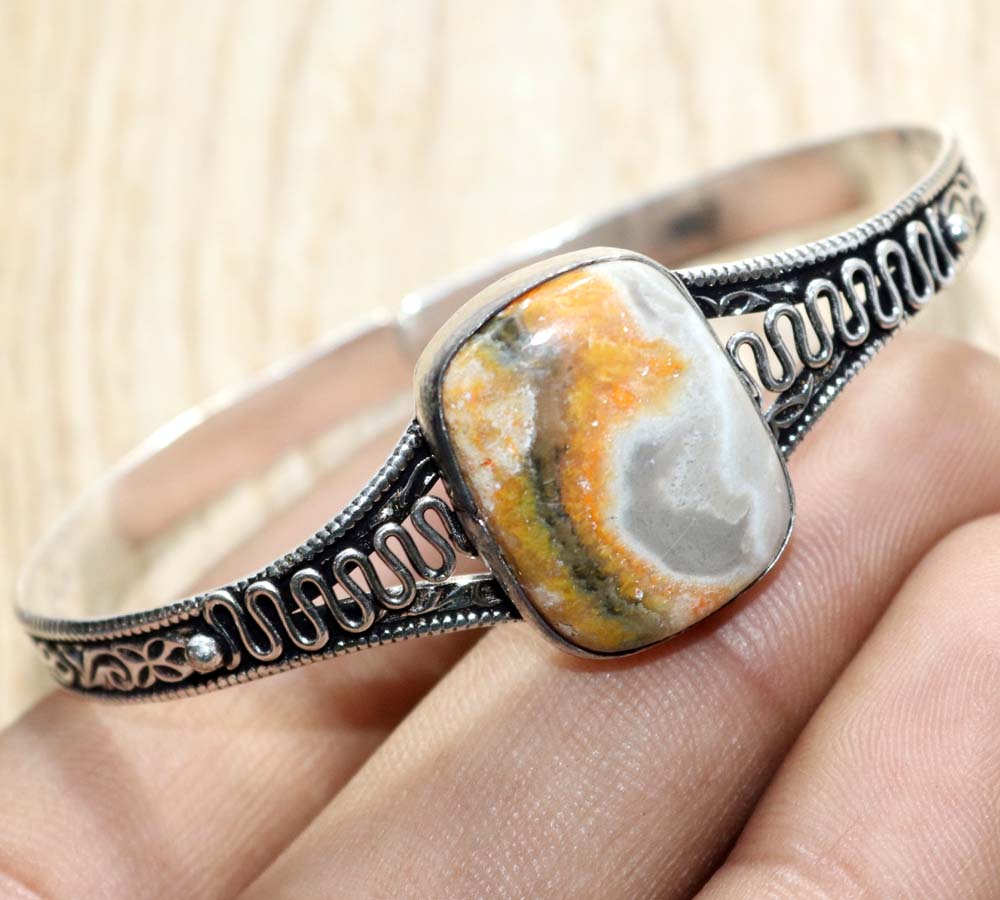 Bumble Bee Jasper 925 Silver Plated Bangle 7" Bohemian Style Gift Trendy C0O33