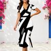 Women Plus Size V Neck Short Sleeve Black White Geometric Printed Fitted Fishtail Dress