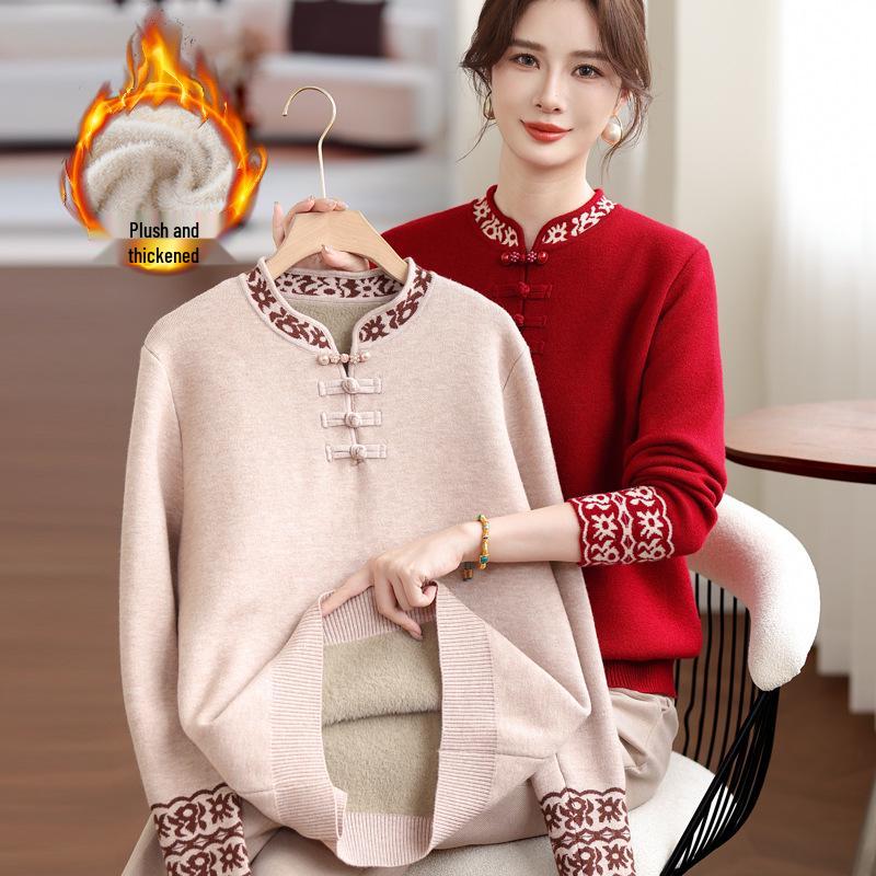 Year of the Rat Red Velvet Sweater for Mid-Aged and Elderly Women - Chinese Style Warm Winter Clothing