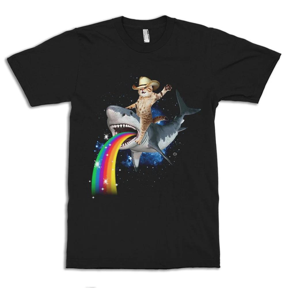 Самая продаваемая забавная футболка с ковбоем-котом, едущим на акуле, мужская ретро уличная одежда, высококачественная футболка с коротким рукавом и круглым вырезом для мужчин
