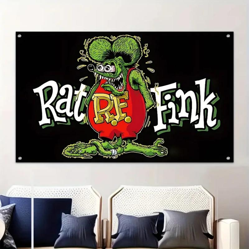 VIKAMA Retro Hot Rod Garage Decoration With Mouse Fink Character MenS Cave Party Car Event Banner Wall Tapestryodern Decoration