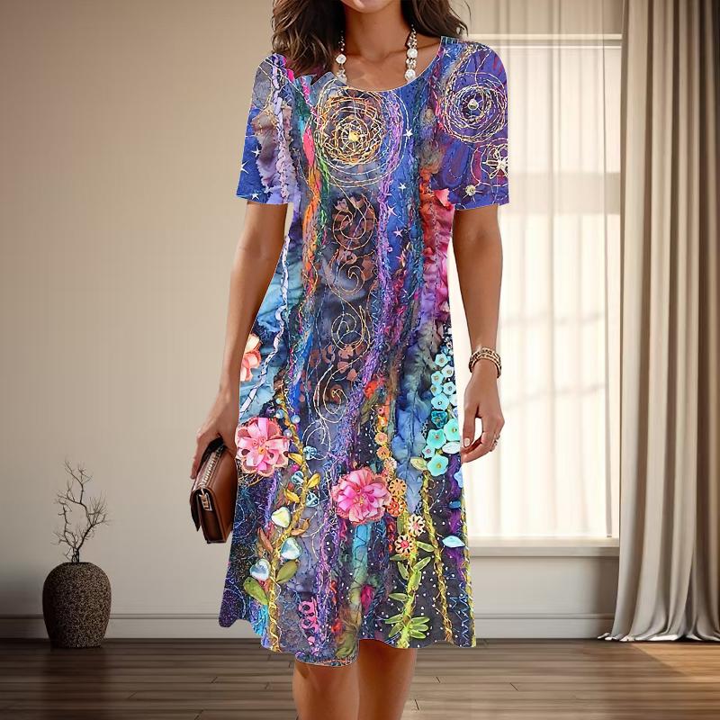 Женская мода изящный цветочный принт лето весна короткий рукав О-образный вырез повседневные платья