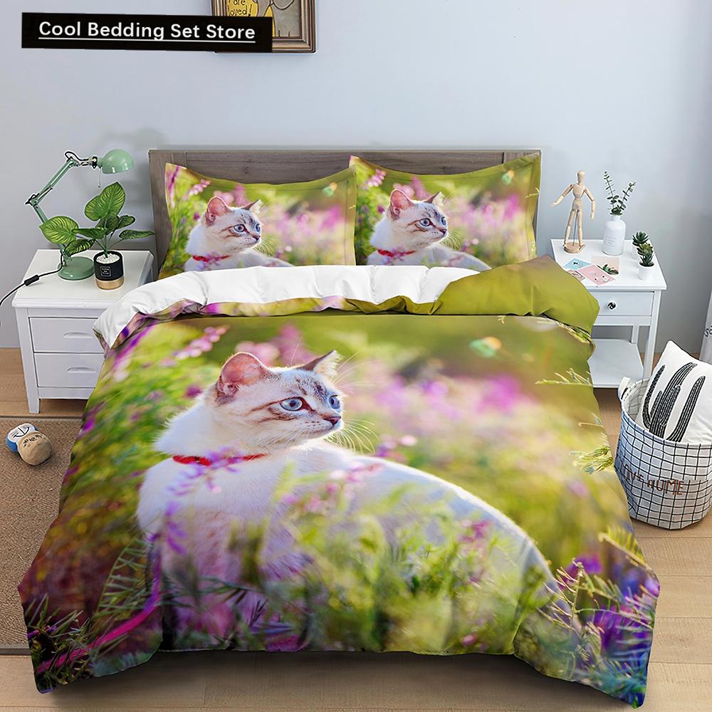 White Cat King Queen Duvet Cover Kawaii Pet Kitty Bedding Set for Kids Teens Adults Family Animal 2/3pcs Polyester Quilt Cover