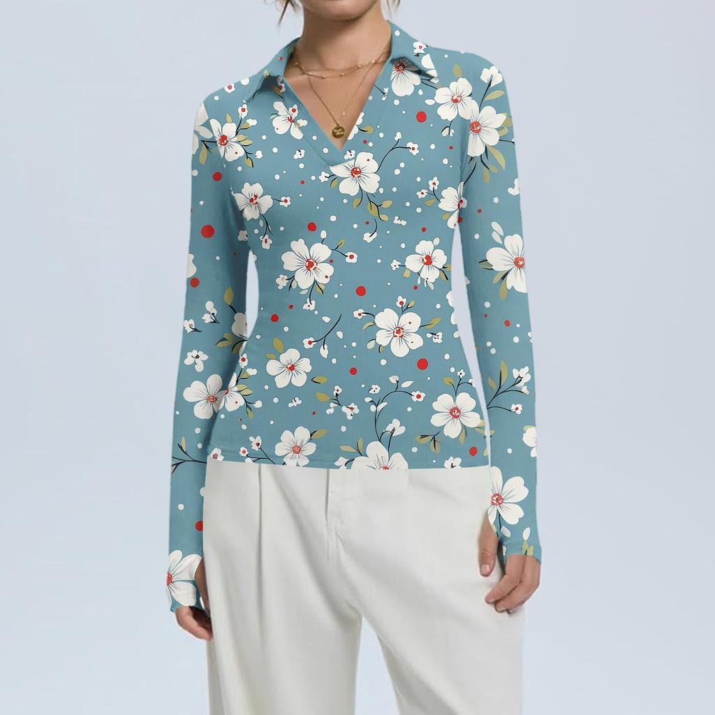 Women's Fashion Casual Print V-Neck Long Sleeve Button-Down Top