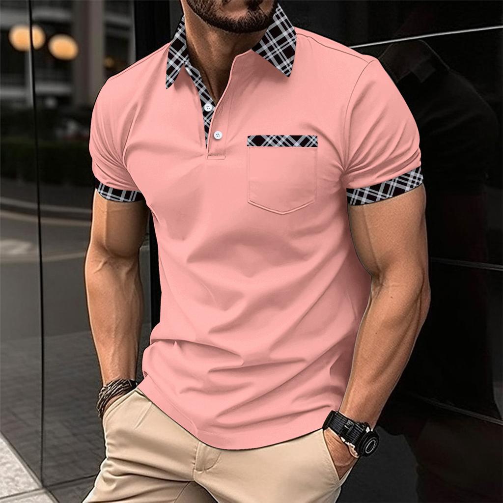 Men's Casual Polo Shirt with Chest Pocket Fashionable Color Matching Lapel Versatile T-shirt