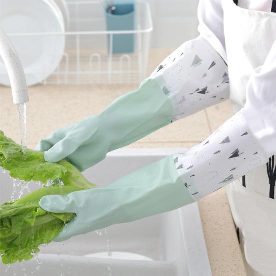 1 Pair Dishwashing Gloves Waterproof Reusable Gloves Patchwork Color Elastic Long Cuffs Household Cleaning Gloves