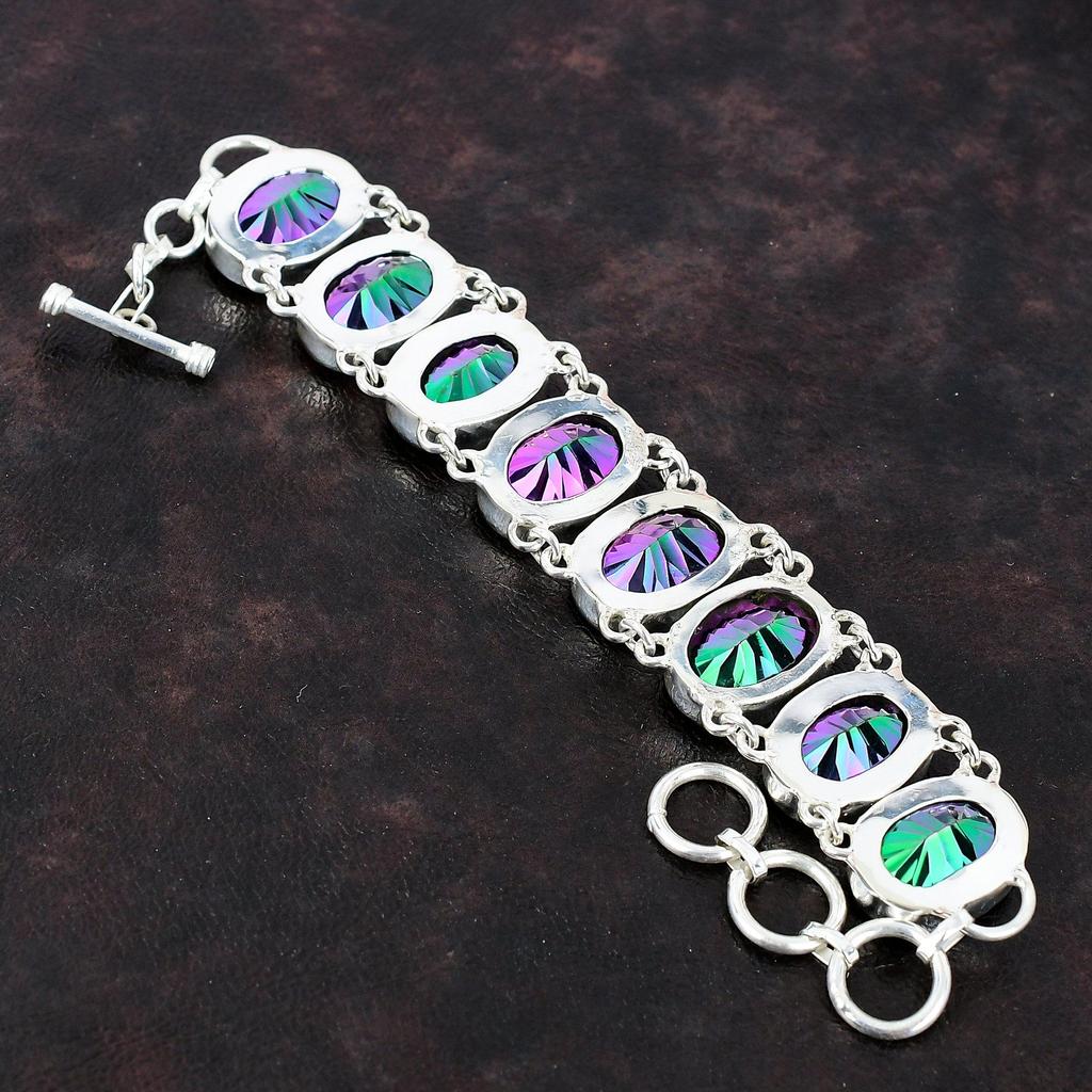 Браслет с граненым радужным мистическим топазом, браслет из стерлингового серебра 925 пробы, регулируемый браслет-цепочка, браслет ручной работы из натурального драгоценного камня, подарок для него