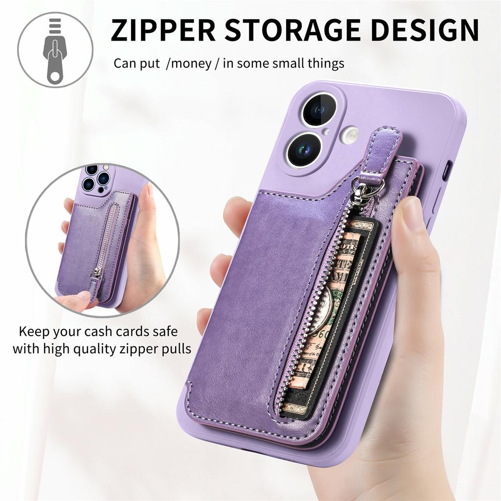 Чехол для iPhone 16 из искусственной кожи + ТПУ с карманом на молнии и кошельком - фиолетовый