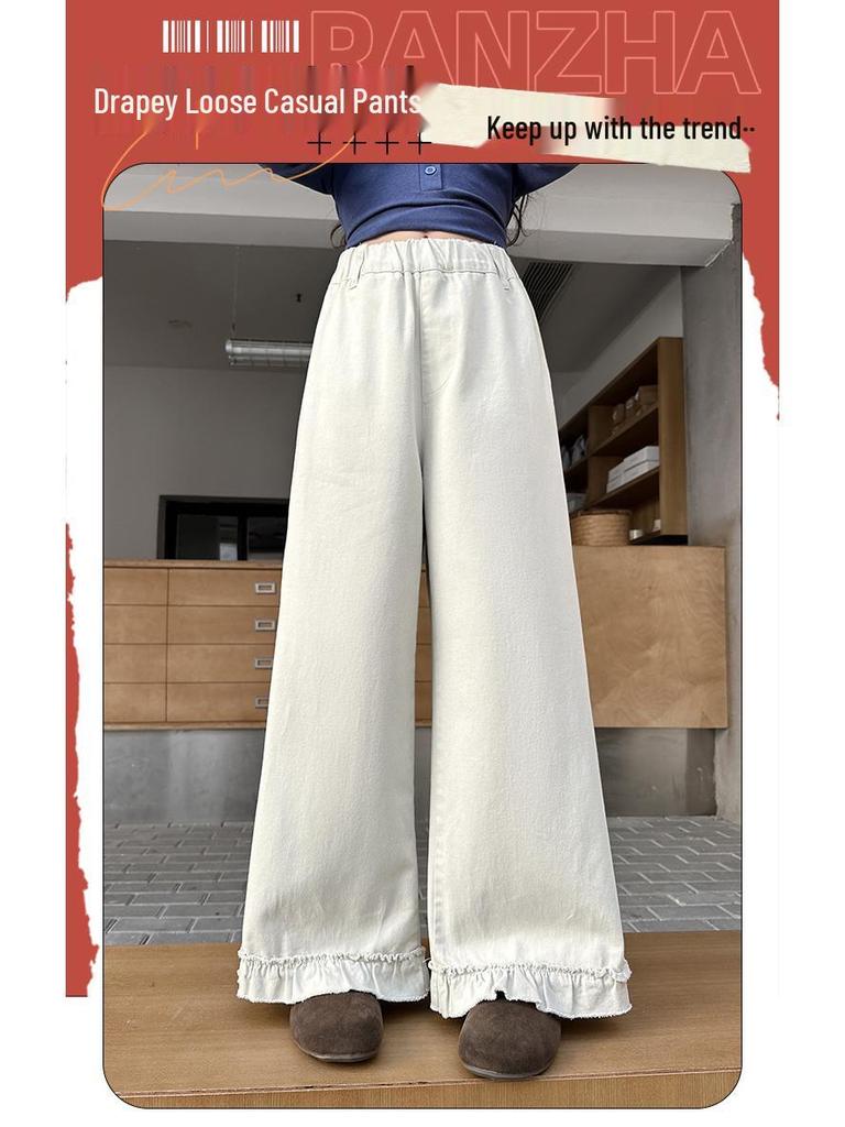 Модные кружевные брюки-палаццо для девочек на весну и осень - Повседневный стиль прямого кроя для девочек среднего и старшего возраста