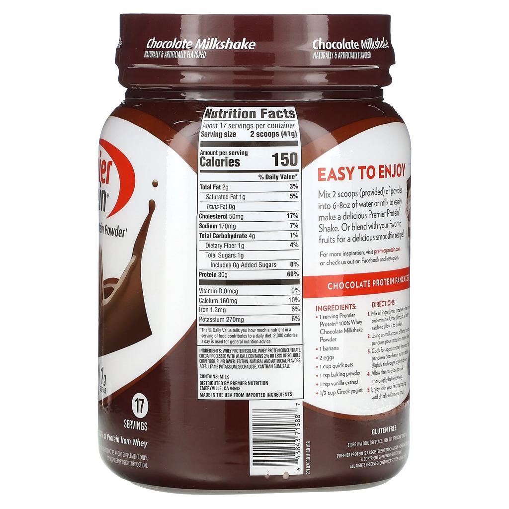 Premier Protein 100% Whey Protein Powder, Chocolate Milkshake Flavor, 1 Lb/8 Oz (697 G)
