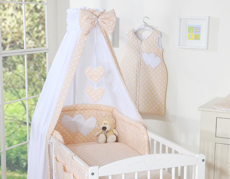 5-Piece Bedding Set 120X90 With Canopy - Hanging Hearts White Polka Dots On Beige
