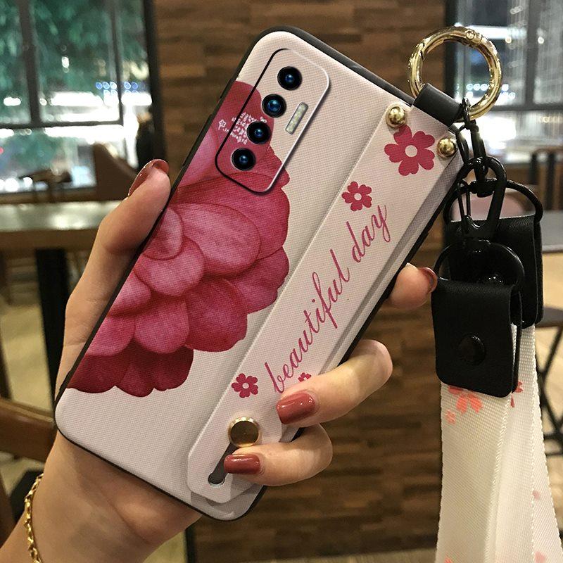 Soft Case Silicone Phone Case For Tecno Camon17P Dirt-resistant Flower Durable Wrist Strap Wristband Lanyard Ring