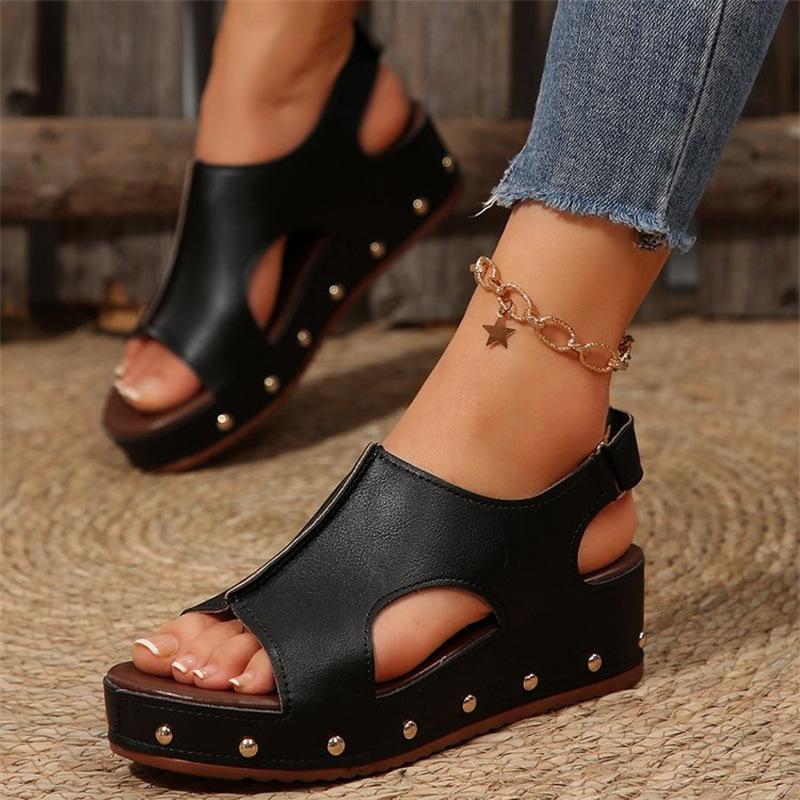 Fashion Summer Women's Sandals Heels Sandals Wedges Woman Platform Sandals Peep Toe PU Leather Rivet Fashion Sandalias De Mujer