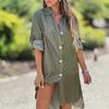 Denim Shirt Dress Shirt Collar Long Sleeves Women A-Line Style Dress Solid Color Single Breasted Knee-Length Dress