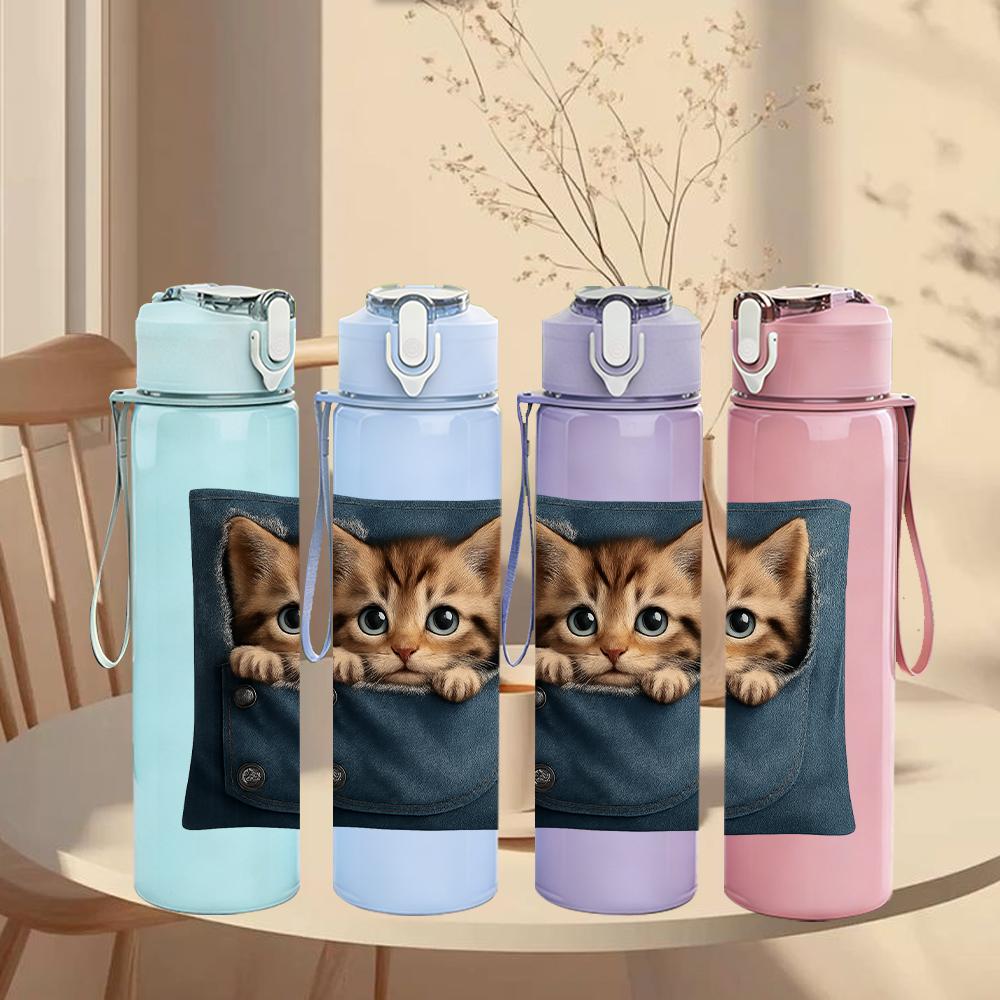 1PC Cat Peeking Canvas Bag 750ml Color Plastic Sports Water Bottle Leakproof Flip Straw Lid For Sports Office Home Use