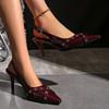 Мода Модные Остроносые Туфли с Мелким Вырезом Новые Туфли на Высоком Каблуке Летние Элегантные Украшенные Пряжкой Туфли-стилеты Винно-красные Женские Туфли