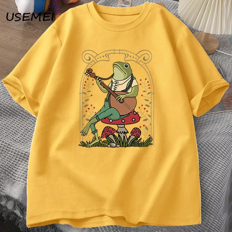 Cute Cottagecore Frog Playing Banjo T Shirts Men Women Cotton Funny Mushroom Naturecore T Shirt Summer Casual Short Sleeve Tees
