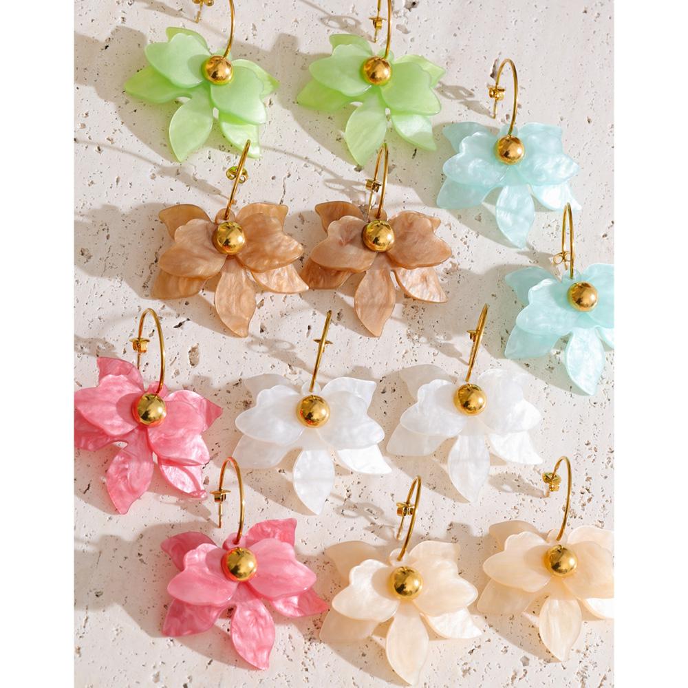 Yhoup 2026 Spring Y2K Mutil-color Acrylic Flower Petal Drop Earrings Stainless Steel Golden Young Charming Jewelry Waterproof