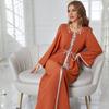Women's Clothing Orange Round Neck Rhinestone Slim Robe Muslim Dress with Belt