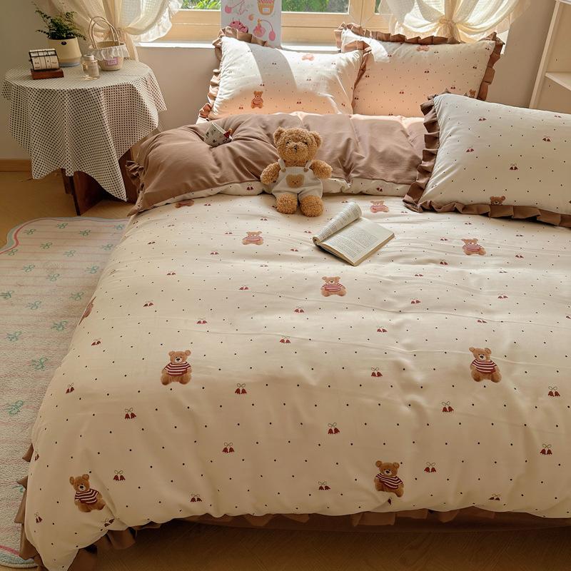 Cartoon double-layer yarn bed four-piece set, summer new lace quilt cover, bed sheet household washable three-piece set