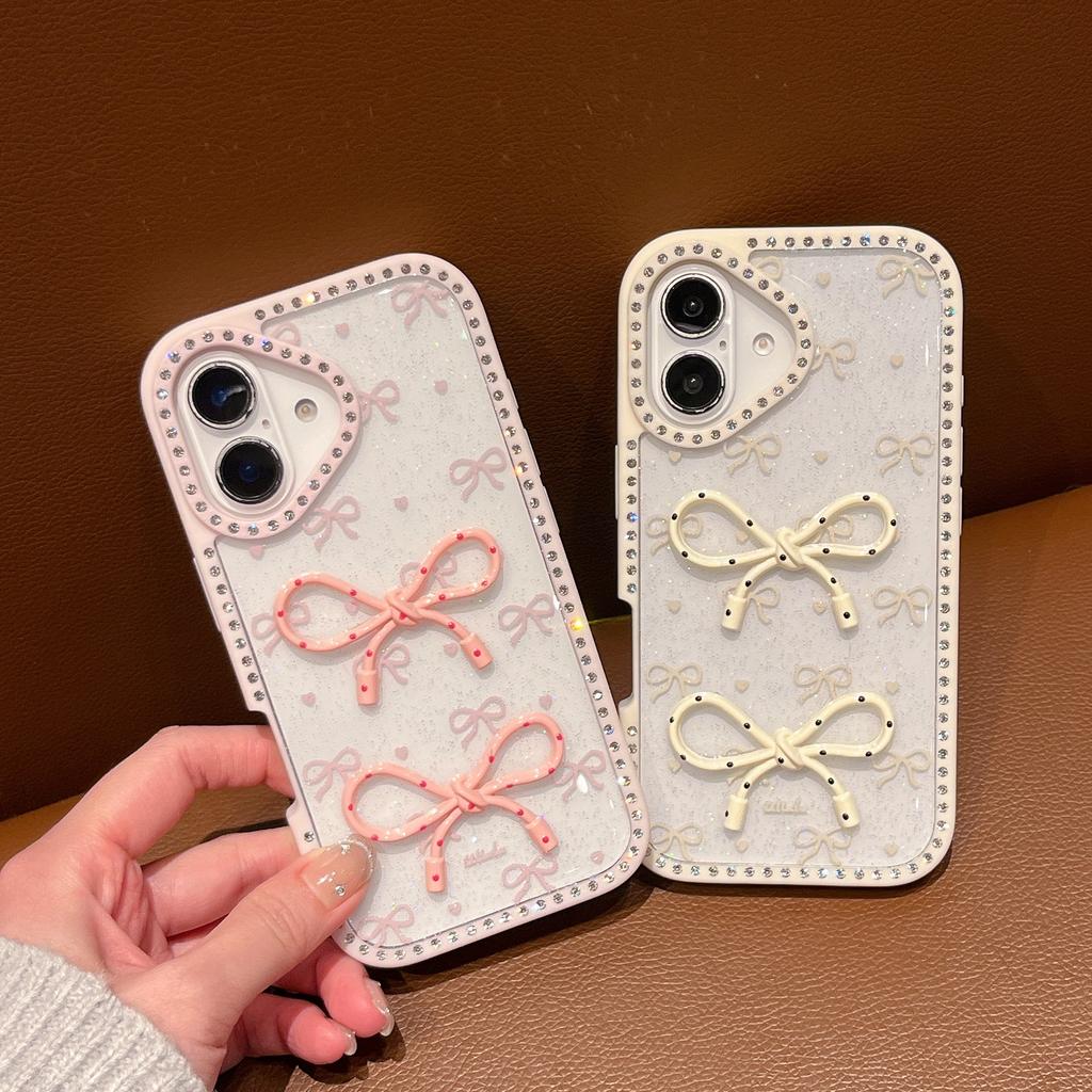 For iPhone 16 Plus Case Two Bow Epoxy Design TPU+PC Phone Back Cover Rhinestone Decor
