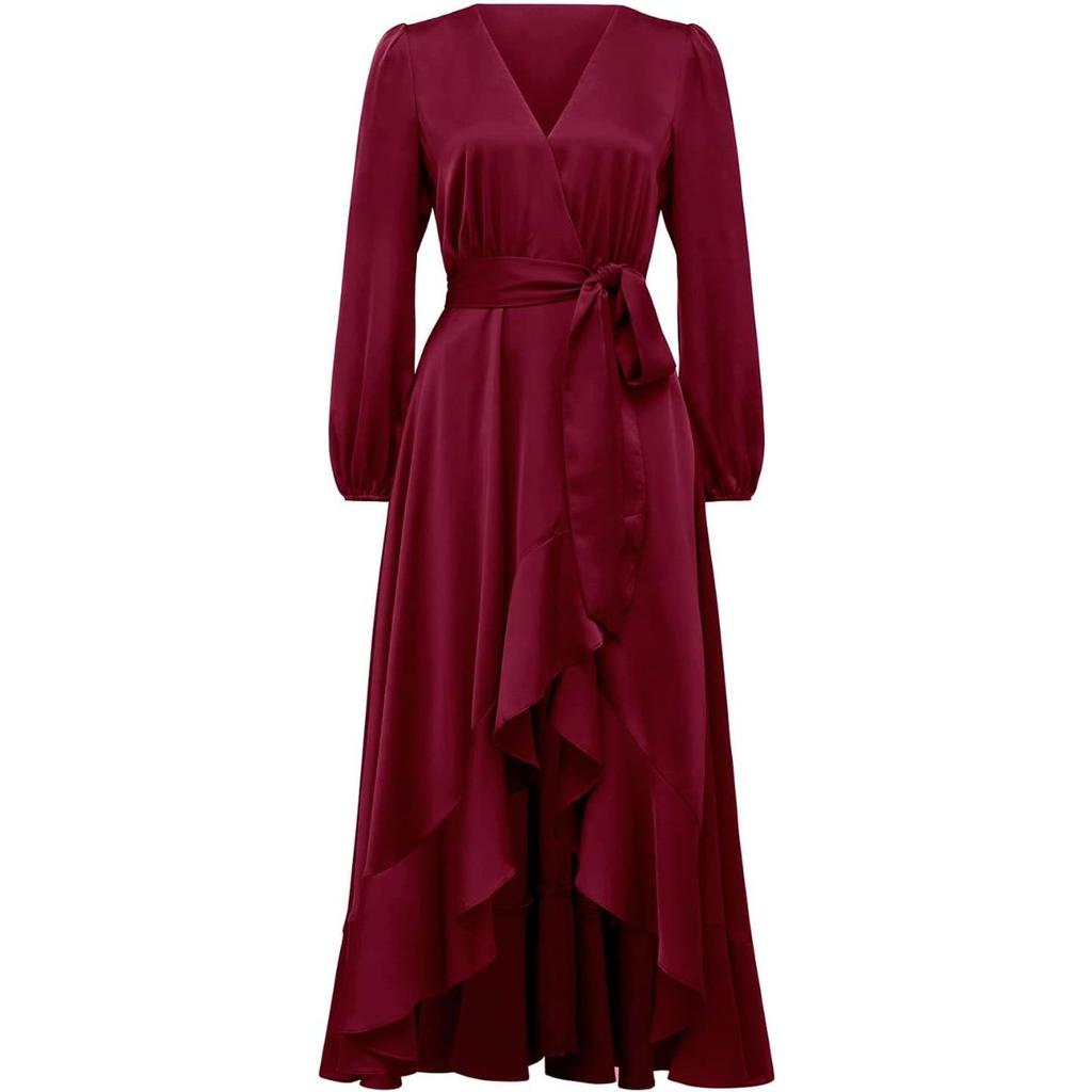 New Hot Sale Spring Autumn Women's Long Sleeve Satin V Neck Dress European American Style