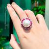 CMM Jewelry Beautiful Chic Red Cubic Zirconia Flower Round Chunky Big Adjustable Artificial Pearl Ring for Women Party Wear Jewelry