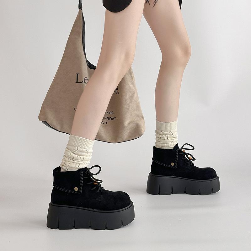 Retro Solid Color Design, Thick-soled Lace-up Folding Martin Boots for Women's 2025 Autumn and Winter New Models, Small People Increase Height and