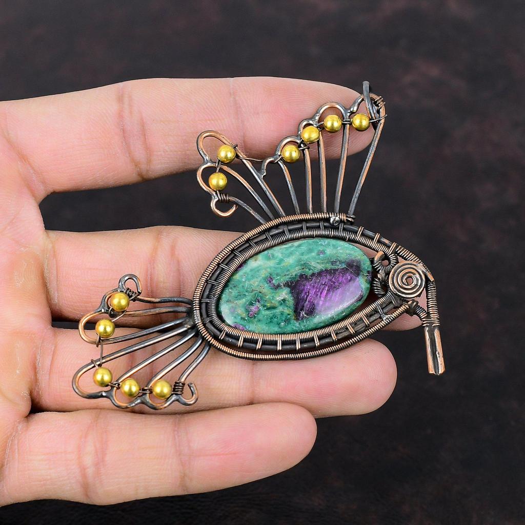 Подвеска из рубина и фуксита, обмотанная медной проволокой, оригинальное украшение из драгоценного камня, подвеска ручной работы, замечательные подвески в виде птиц, медные украшения для подарка