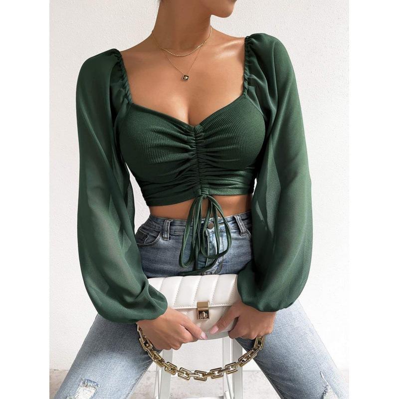 Summer Women's V-Neck Drawstring Lantern Sleeve Tight Fashion Sexy Blouse Top