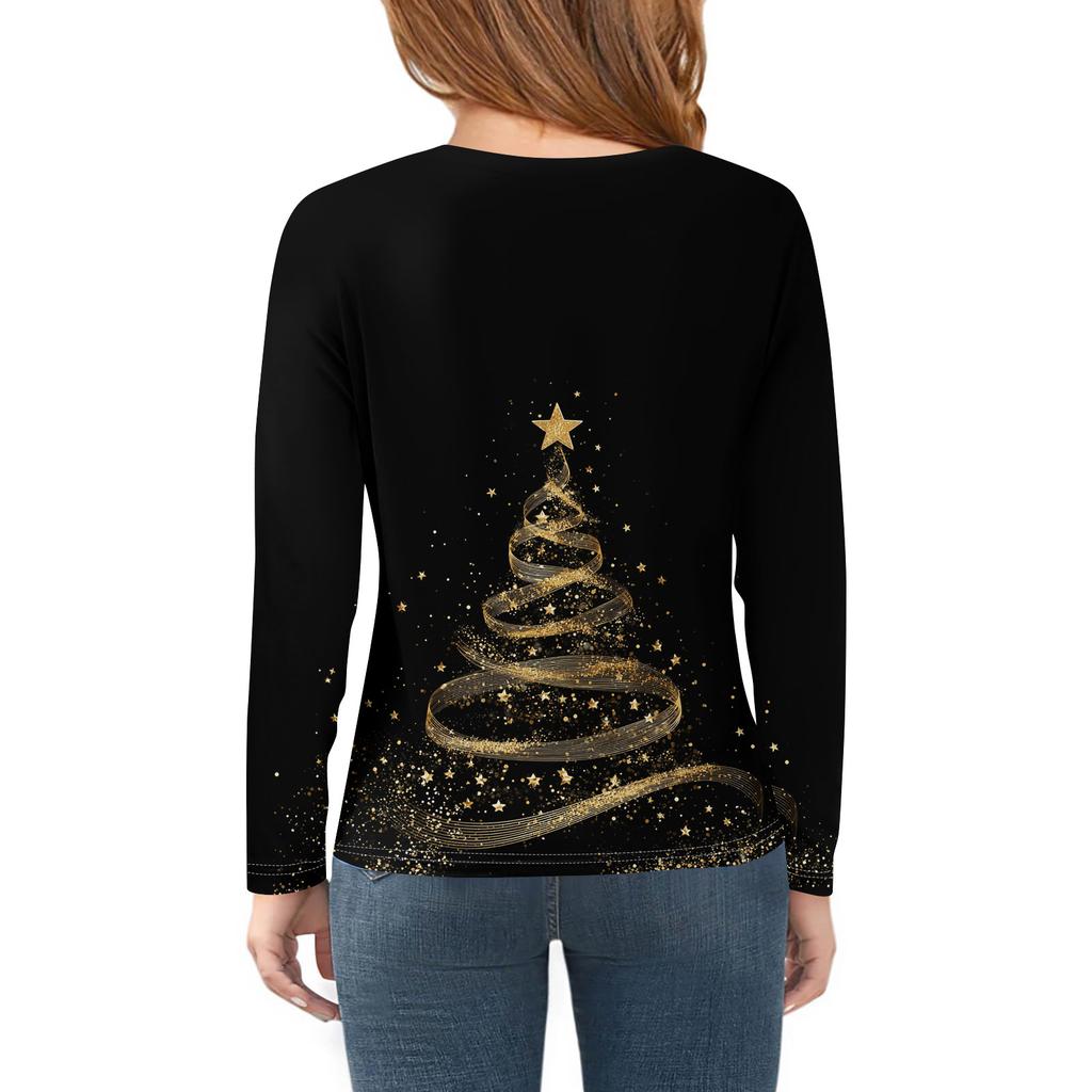 Рождественские футболки с длинным рукавом для девочек, детские осенние топы с круглым вырезом и принтом, базовые футболки