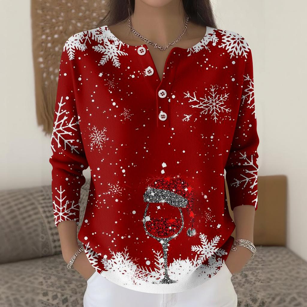 Женская мода Топ с длинным рукавом и рождественским принтом в виде снежинок Элегантный повседневный топ