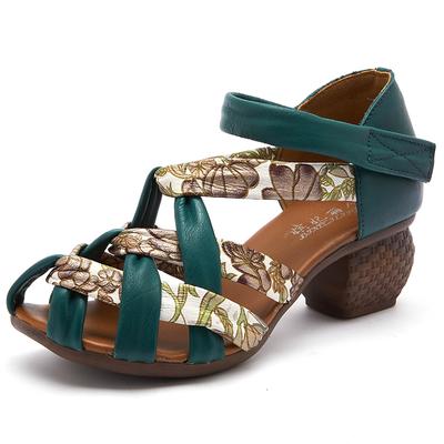 GKTINOO Женская летняя обувь Средний каблук Ажурные Повседневные сандалии Ретро Женские туфли Натуральная кожа Ремешки с пряжками Женские сандалии