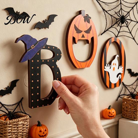 Boo Letter Wood Signs Halloween Wooden BOO Ornaments for Tabletop Tiered Tray Decor, Retro Party Supplies Creative Decorations Festive Holiday