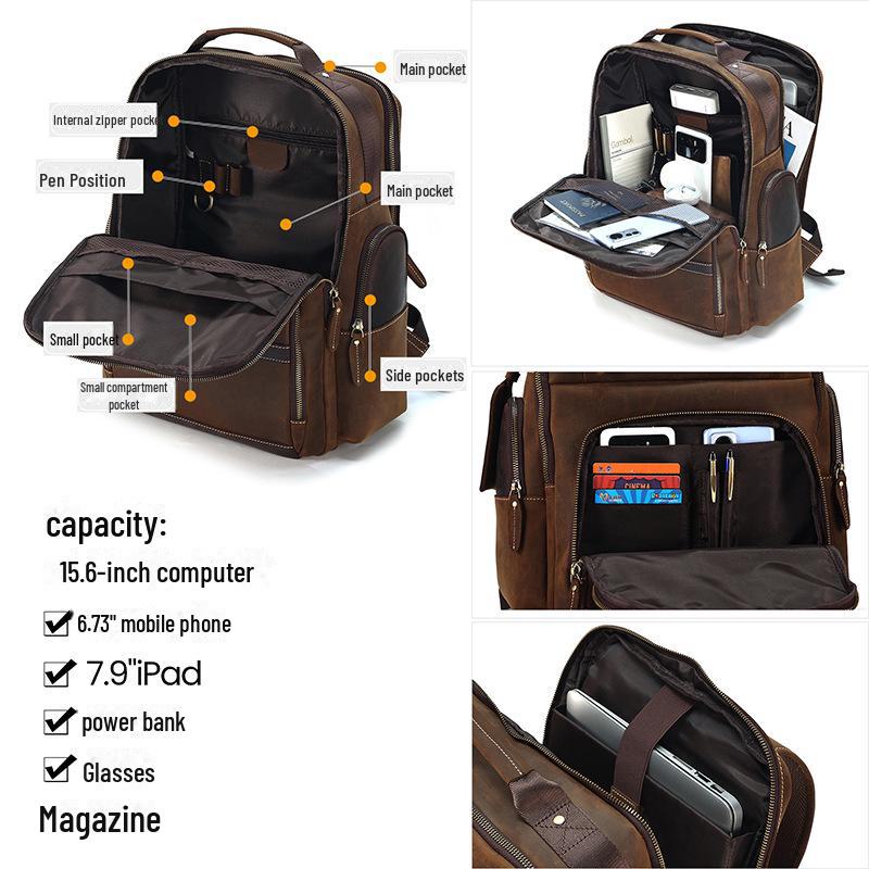 Мужской большой рюкзак из натуральной кожи Crazy Horse - Вместительный, в деловом повседневном стиле