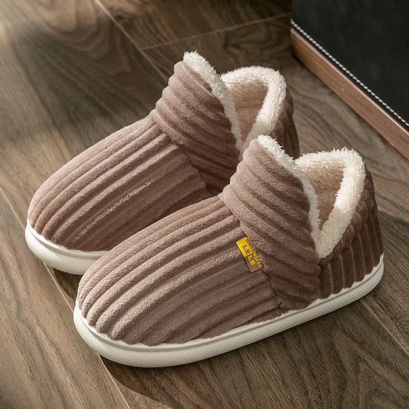 Fashion Winter Couple Style Concise Solid Color Wrap Heels Plush Slippers Non-slip Warm Flip Flops Women Men Home Casual Cotton Shoes