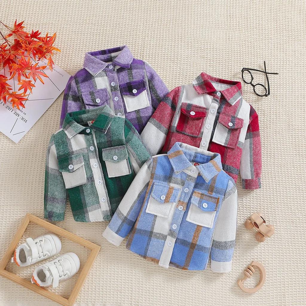 Toddler Baby Boy Girl Plaid Shirt Jacket Outfits Button Down Cardigan Kids Long Sleeve Coat Tops Fall Clothes