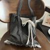 Large Capacity Ruffle Lace Canvas Bag Polka Dot Plaid Shoulder Bag Bow Shoulder Bag  Shopping