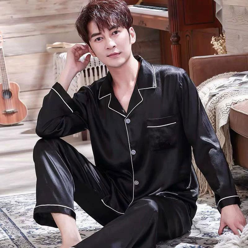 Men's Spring and Autumn Thin Lapel Ice Silk Thin Button Section Top + Wide-leg Trousers Home Two-piece Set
