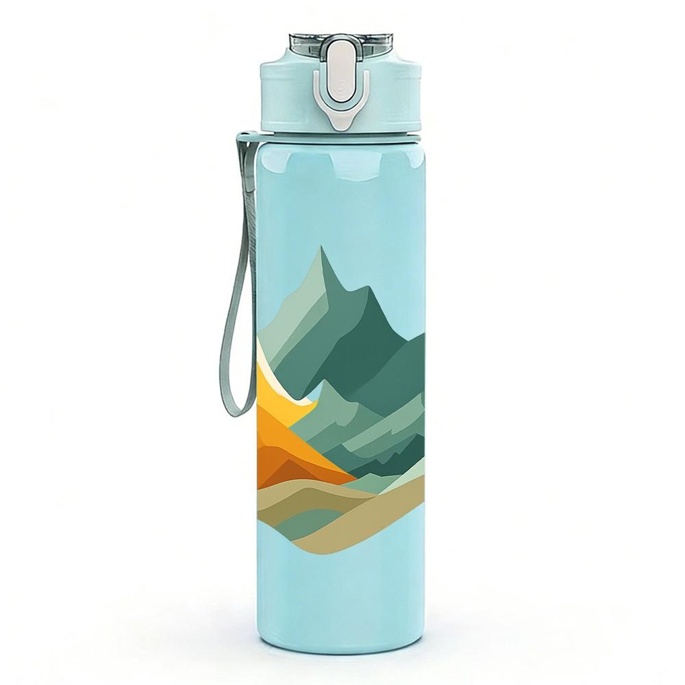1PC Mountain Peak Minimal Landscape 750ml Color Plastic Sports Water Bottle Leakproof Flip Straw Lid Suitable for Sports Office Home Use